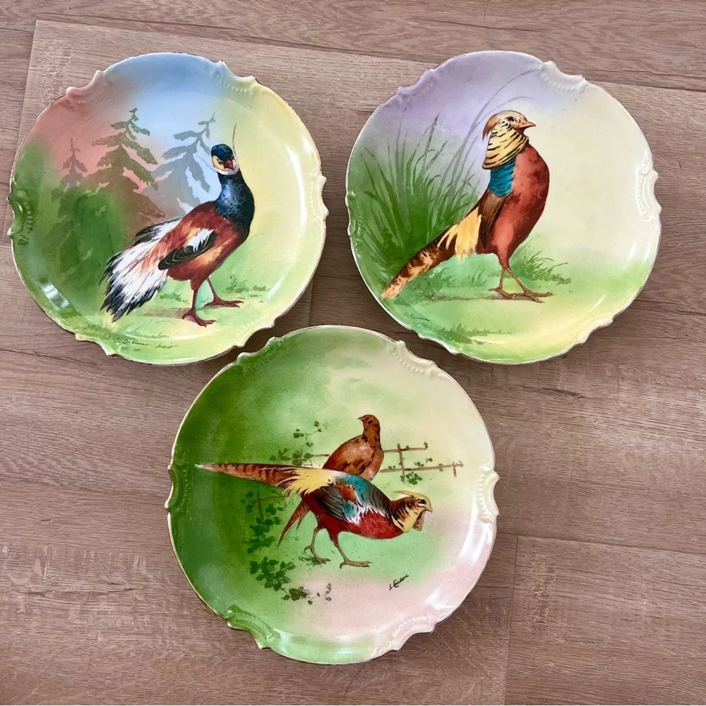 3 PCs Antique Coronet Limoges Porcelain Pheasants 10” Plates - Signed L Coudent‎